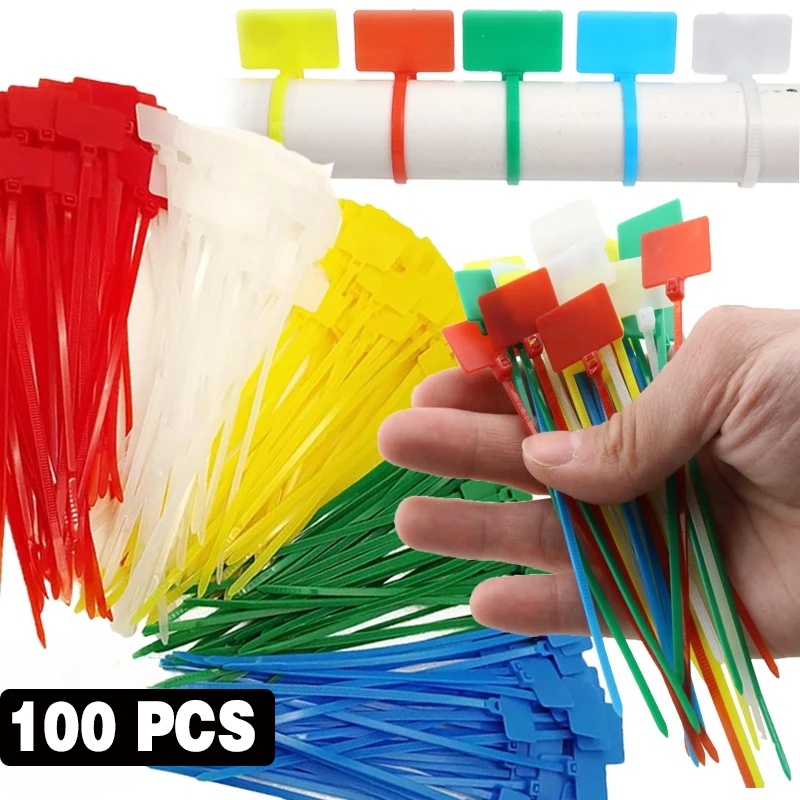 100 ชิ้น ฉลาก สายเคเบิล ผูก / สายรัด ซิป ไนล่อน เมาท์หลุม พร้อมแท็ก / สายรัด อุตสาหกรรม ในครัวเรือน / สายรัด ห่วงล็อคในตัว