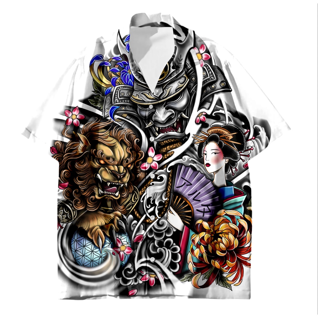 Tessffel Samurai เสื้อเชิ้ต พิมพ์ลายรอยสัก 3d สไตล์ญี่ปุ่น ฮาวาย คลาสสิก ขนาดใหญ่ สําหรับผู้ชาย