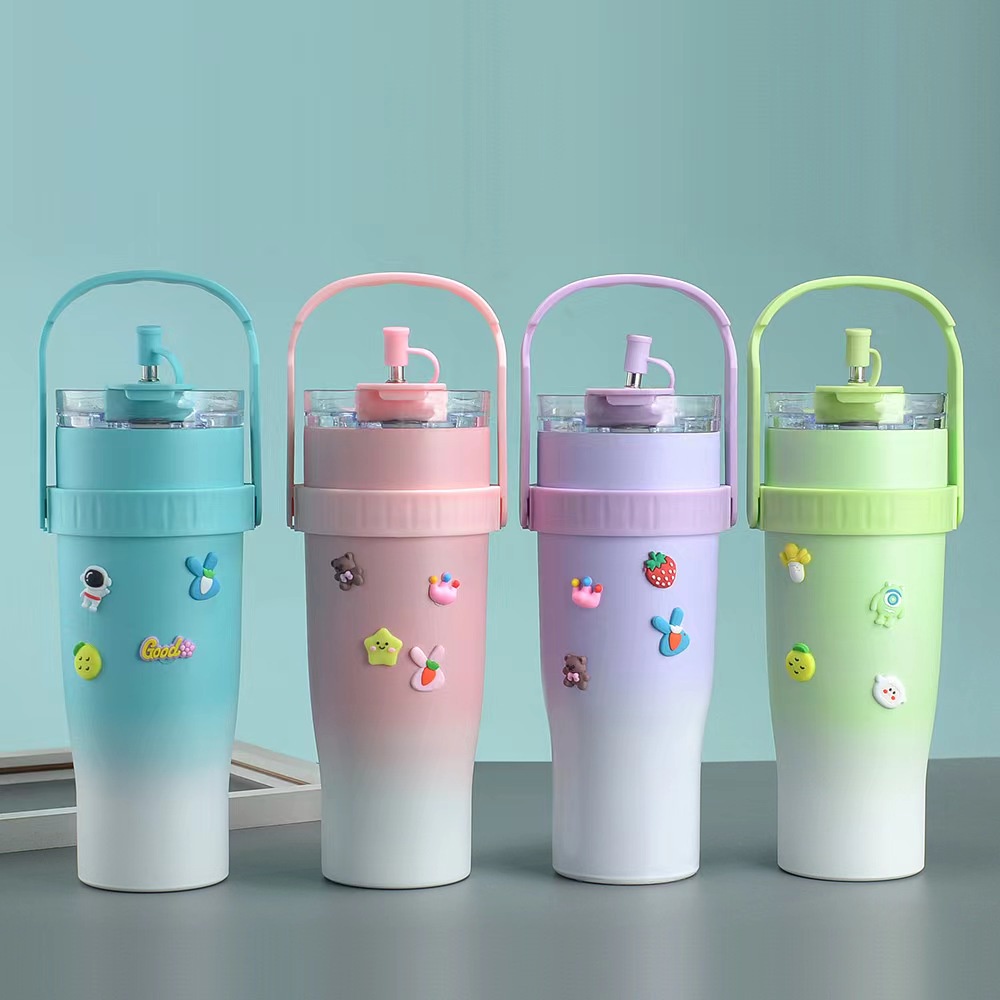 แก้วเก็บความเย็น สเตนเลสแท้ลายน่ารัก ขนาดใหญ่40oz พร้อมหลอดดูด มีหูหิ้ว แก้วน้ำสเตนเลส ถ้วยรถ แก้วกาแฟความจุใหญ่