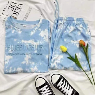 เซ็ท2ชิ้น เสื้อยืดมัดย้อมแขนสั้น + กางเกงขายาว ระบายอากาศได้ดี