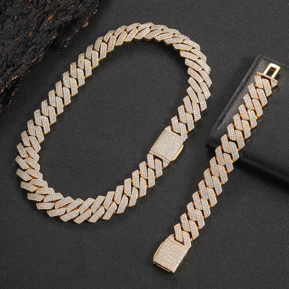 ! #@Fashion Brand Men's Bracelet 13mm Flip Buckle Three Rows Zircon Diamond Cuban Link Chain Thick Hip Hop Necklace