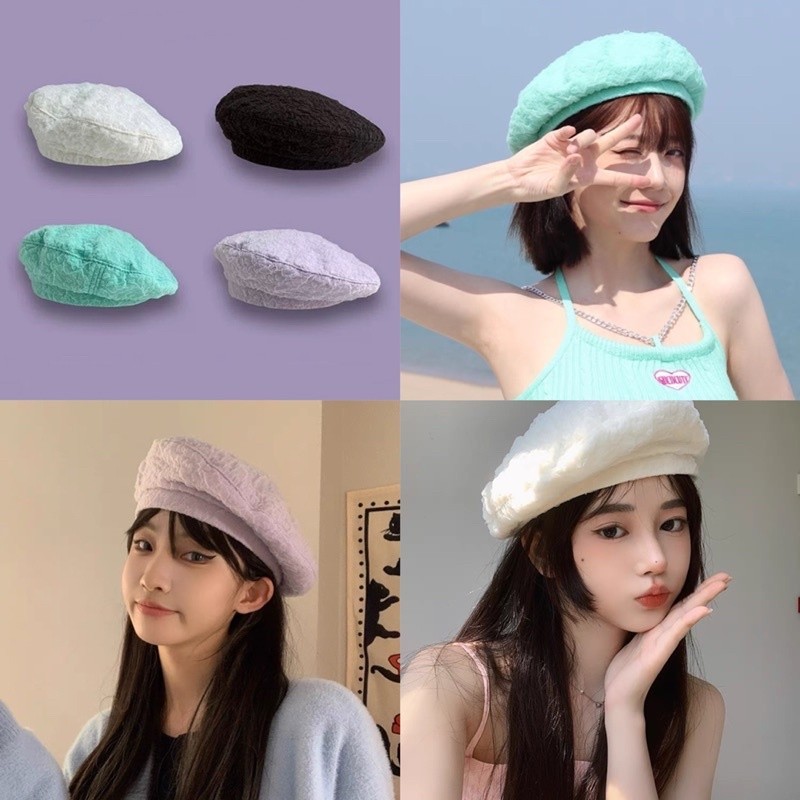 (PB) หมวกเบเร่ต์ Beret ทรงวินเทจ ผ้าอัดยับเนื้อตาข่าย