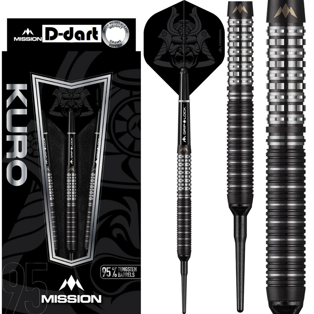 MISSION SOFT TIP DART - 21G/23G M1 KURO Sabre Grip Black Titanium Coating 95% Tungsten Soft Darts