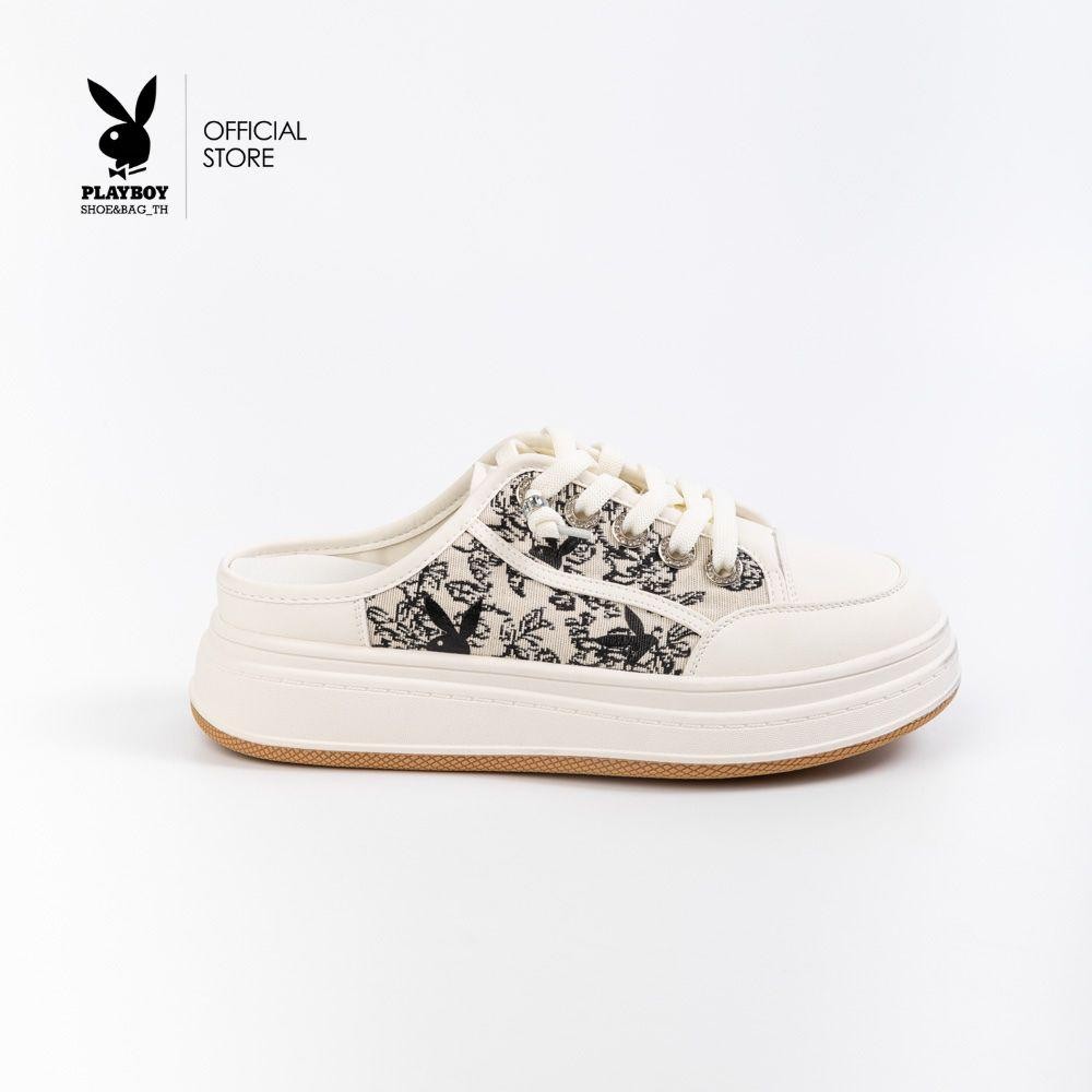 PLAYBOY Mule Sneakers รองเท้าผ้าใบเปิดส้น  รุ่น ST-H244C1194-WH (เท้าอูมควร+1ไซส์) ดีไซน์ลายกราฟฟิคโลโก้ แต่งสายเชือกรอง