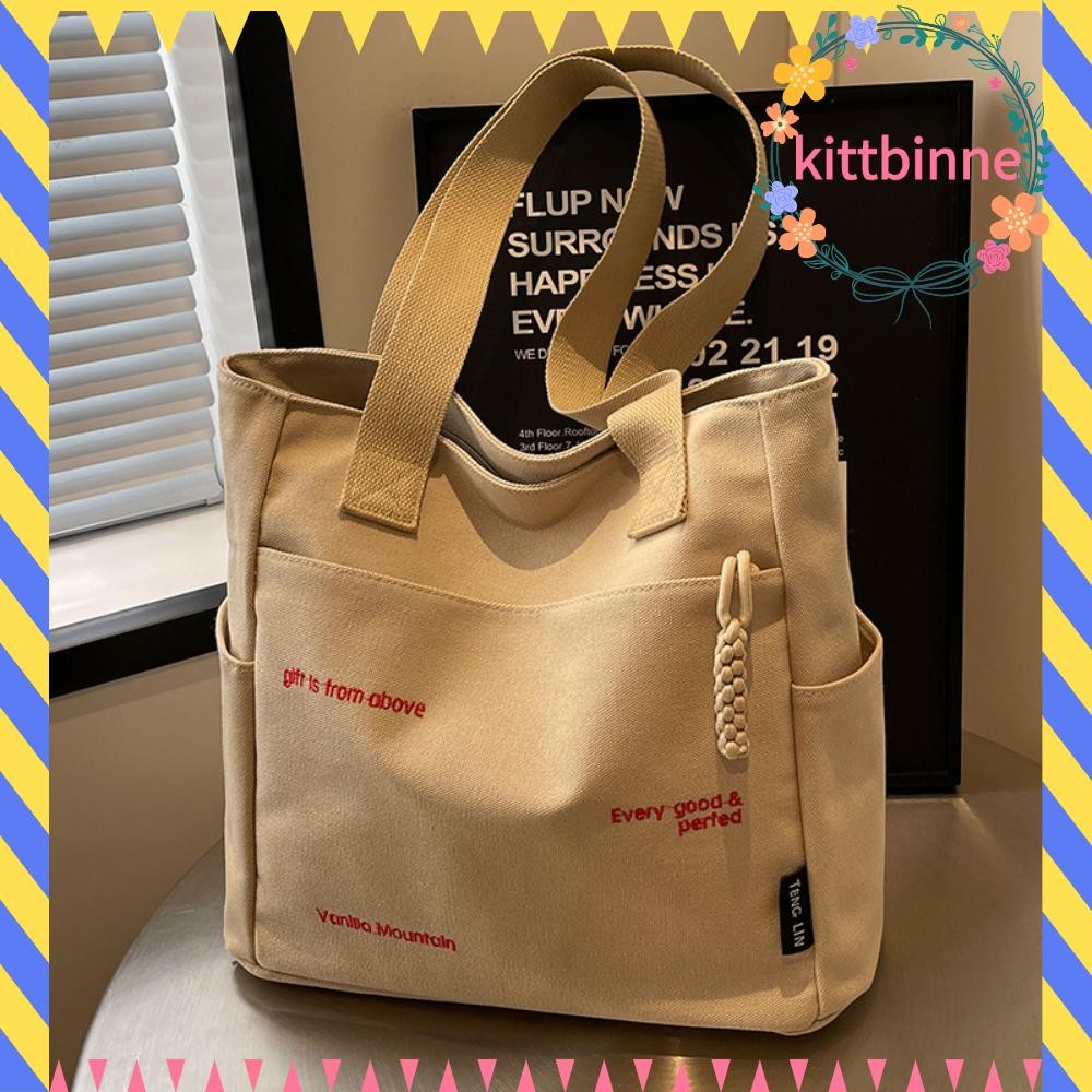 Kittbinne823กระเป๋าหนังสือนักเรียนกระเป๋าสะพายผ้าแคนวาสทรงสี่เหลี่ยมเรียบง่ายกระเป๋านักเรียนความจุขนาดใหญ่