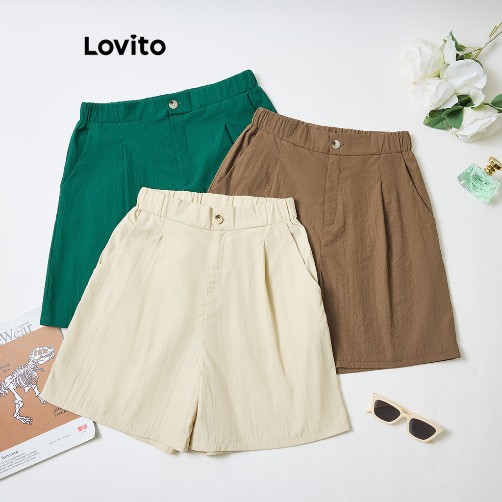 Lovito กางเกงขาสั้นผู้หญิง มีกระเป๋า สีพื้น สไตล์ลำลอง LNL50100