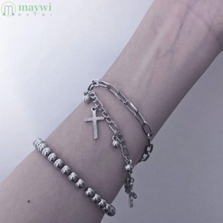 Maywi พังก์ ฮิปฮอป สร้อยข้อมือ, สร้อยข้อมือโลหะสองชั้น สีเงิน, เครื่องประดับย้อนยุค จี้ หลายชั้น สร้อยข้อมือ ผู้หญิง