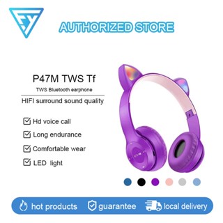 🔥HOT🔥รุ่น P47M หูฟังมาใหม่ ไฟLed เป็นหูแมวบลูทู ธ 5.0 หูฟังแมวสนับสนุน Tf การ์ด ราคาถูก