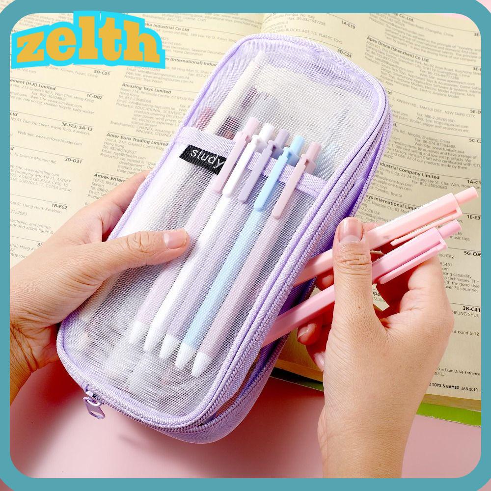 Zelth กระเป๋าดินสอ ตาข่ายใส ขนาดใหญ่ อเนกประสงค์ เรียบง่าย สําหรับใส่เครื่องเขียน เครื่องสําอาง เดินทาง โรงเรียน