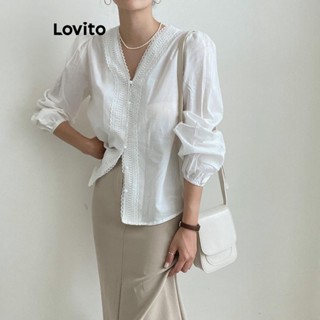 Lovito เสื้อเบลาส์ คอจับจีบ แต่งกระดุมด้านหน้า แบบเรียบ หรูหรา สําหรับผู้หญิง LNE24096 (สีขาว/ดํา)