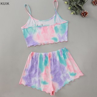 Kuik ใหม่ ชุดเสื้อสายเดี่ยว กางเกงขาสั้น ทรงหลวม สีมัดย้อม เซ็กซี่ แฟชั่นสําหรับสตรี สองชิ้น