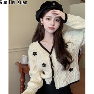 Ruo Bei Xuan เสื้อกันหนาวคาร์ดิแกน คอวี ผ้าถัก สไตล์ญี่ปุ่น สําหรับผู้หญิง