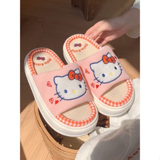 SANRIO รองเท้าแตะ ผ้าฝ้าย และผ้าลินิน กันลื่น ลาย Hello Kitty น่ารัก ได้มาตรฐาน สําหรับผู้หญิง