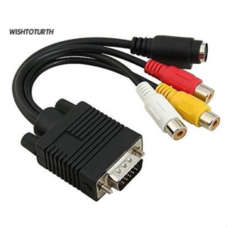 ☼Wt VGA to S-Video 3 RCA Composite AV TV Out อะแดปเตอร์แปลงสายเคเบิ้ล สําหรับ PC Laptop