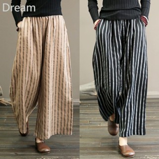 Retro cotton and linen striped wide-leg pants womens slimming vertical casual straight cropped pants