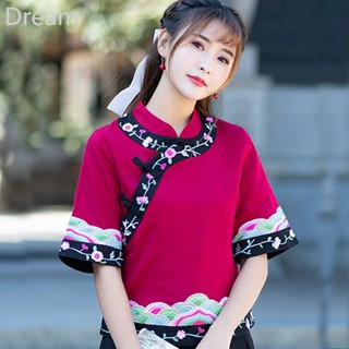 Cotton and linen short-sleeved T-shirt womens ethnic style buckle embroidered slim top large size loose linen shirt