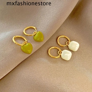 Mxfashione ผู้หญิง ห้อย ต่างหูแฟชั่น เครื่องประดับ หวานเลดี้ สีขาว สีเขียว ทรงลูกบาศก์ ต่างหูจี้ รูปหัวใจ แฟชั่น ห่วง ต่างหู