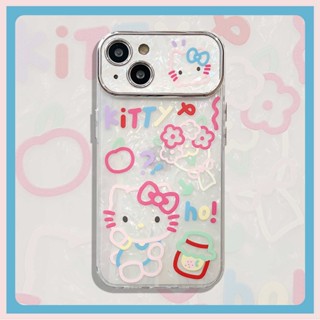 เคสโทรศัพท์มือถือซิลิโคน Tpu นิ่ม แบบใส กันตก ป้องกันเต็มเครื่อง ลายการ์ตูนกราฟฟิตี้ คิตตี้ แต่งกลิตเตอร์ สีโปร่งใส สําหรับ iPhone 15 14 13 12 11 Pro Max