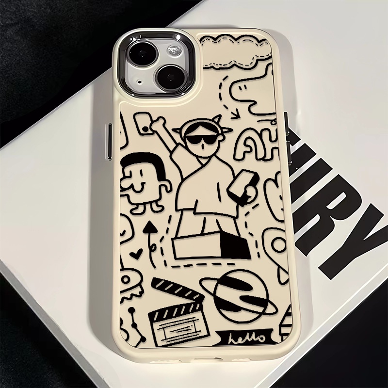 เคสโทรศัพท์มือถือ ซิลิโคนนุ่ม กันกระแทก ลายกราฟฟิตี้ เด็กผู้หญิง ปุ่มโลหะ สําหรับ IPhone 15 14 13 12 11 Pro Max XS X XR 8 + 7 Plus