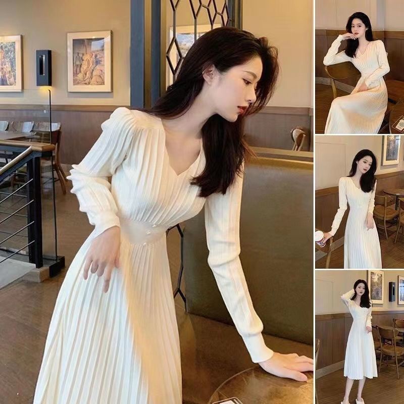 ชุดเดรสกันหนาวแขนยาว ผ้าถัก เอวแคบ สีพื้น แฟชั่นฤดูใบไม้ผลิ และฤดูใบไม้ร่วง สไตล์ฝรั่งเศส สําหรับผู้หญิง