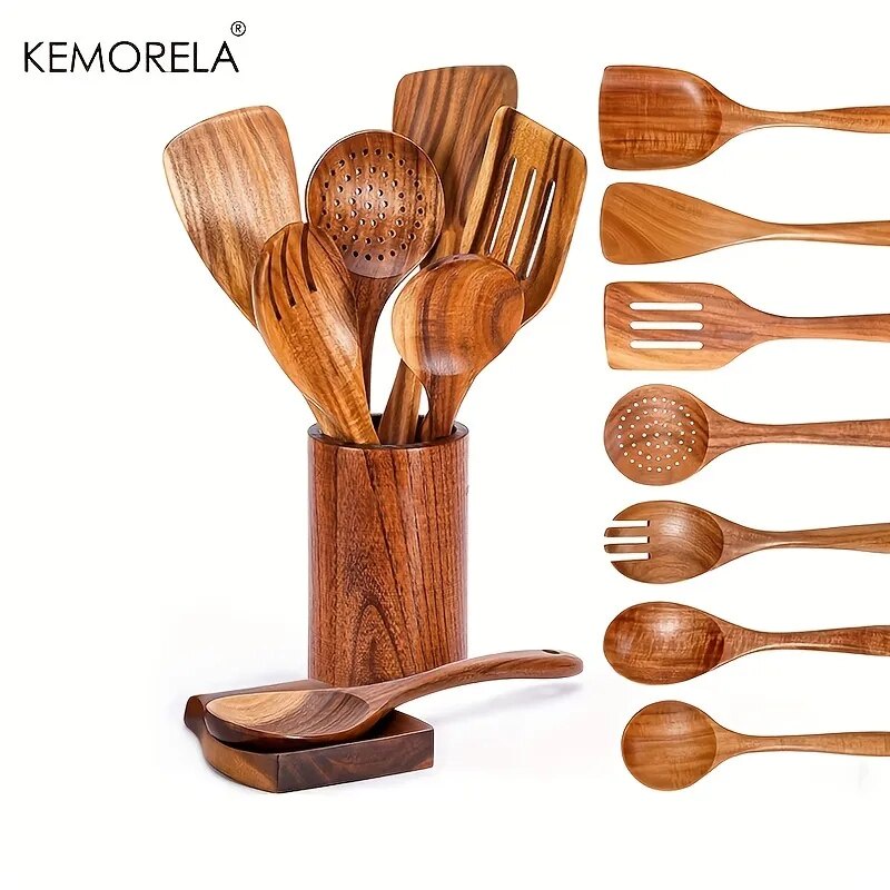9PCS Wooden Spoons For Cooking, Wooden Utensils For Cooking With Utensils Holder, Teak Wooden Kitche