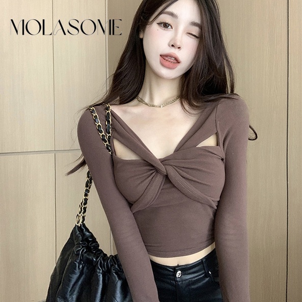 Molasome เสื้อยืดแขนยาว คอวี สีพื้น เข้ารูป เข้ากับทุกการแต่งกาย สําหรับผู้หญิง 2023
