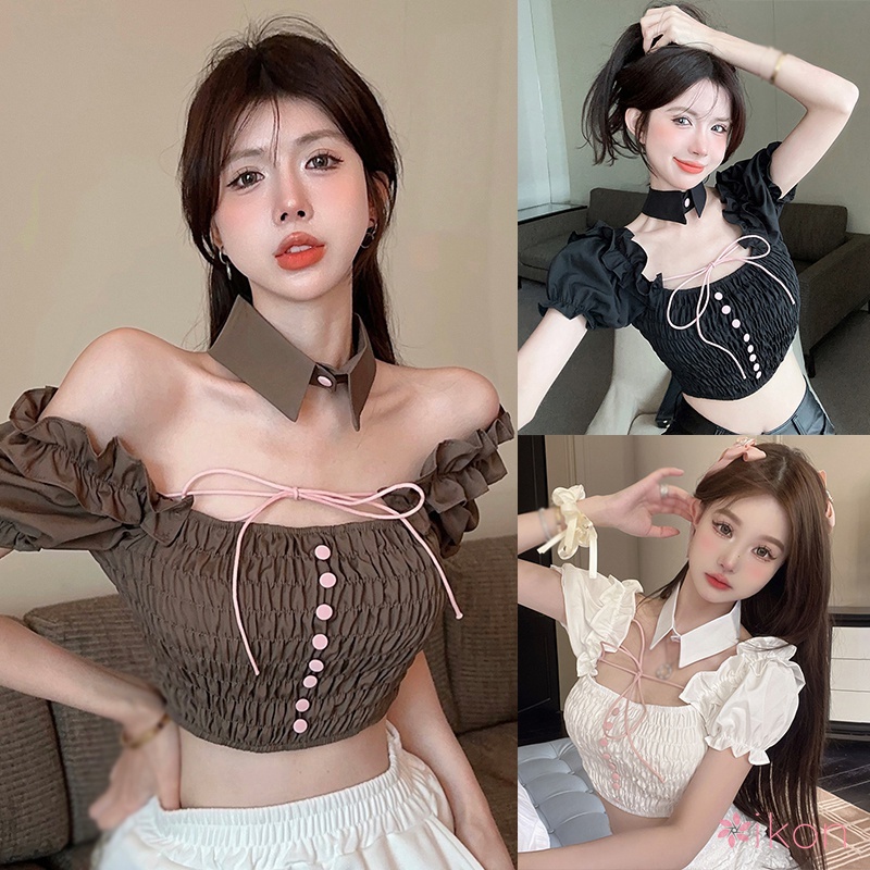 เสื้อครอปท็อป แขนสั้น เข้ารูป แขนพัฟ คอปก ทรงสลิมฟิต เซ็กซี่ สไตล์เกาหลี สําหรับผู้หญิง