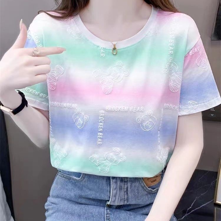 เสื้อยืดแขนสั้น พิมพ์ลายทาง สีรุ้ง ทรงหลวม สไตล์เกาหลี แฟชั่นฤดูร้อน สําหรับผู้หญิง 2023