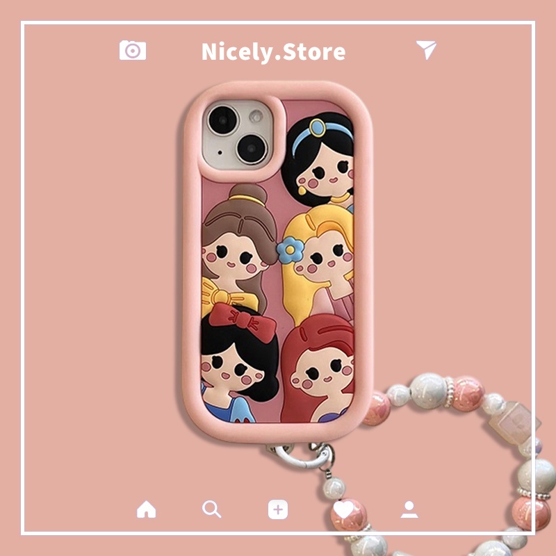 เคสโทรศัพท์มือถือ ซิลิโคน หนา กันกระแทก พร้อมสายคล้องข้อมือ ประดับลูกปัด ลายการ์ตูนเจ้าหญิง สําหรับ iPhone 15 14 13 12 Pro Max 11