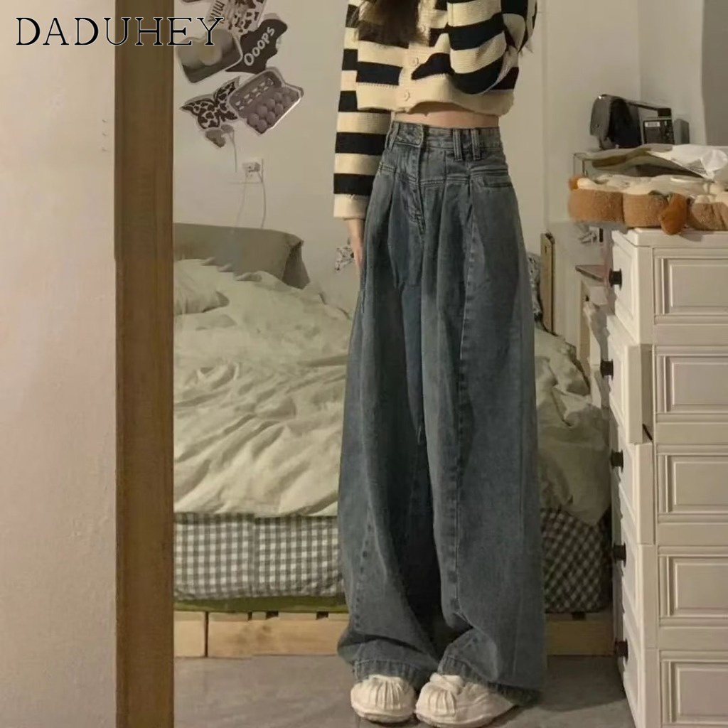 ผู้หญิงสไตล์เกาหลี Y2K ใหม่กางเกงยีนส์ขากว้าง Slim เอวสูงหลวม Ins Draping ล้าง Distressed All-match กางเกงเด็กผู้หญิง