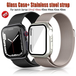 เคสกระจก พร้อมสายคล้อง สําหรับ i Watch Ultra2 49 44 มม. 40 มม. 45 มม. 41 มม. และสายนาฬิกาข้อมือ โลหะ แม่เหล็ก Correa iWatch series 9 7 se 6 8