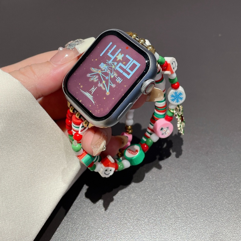 สายนาฬิกาข้อมือ ประดับลูกปัด แบบนิ่ม ลายคริสต์มาส สําหรับ Applewatch iwatch8 7 6 5 4