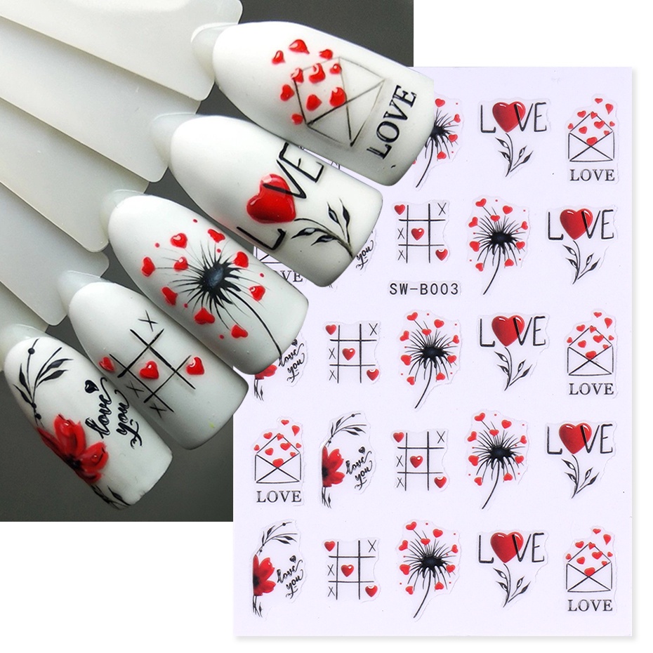 หวานวาเลนไทน์ Love You Nail Art สติกเกอร์หัวใจสีดําเรขาคณิต Line Letter กาวรูปลอกดอกไม้ Simple เล็บฟอยล์อุปกรณ์