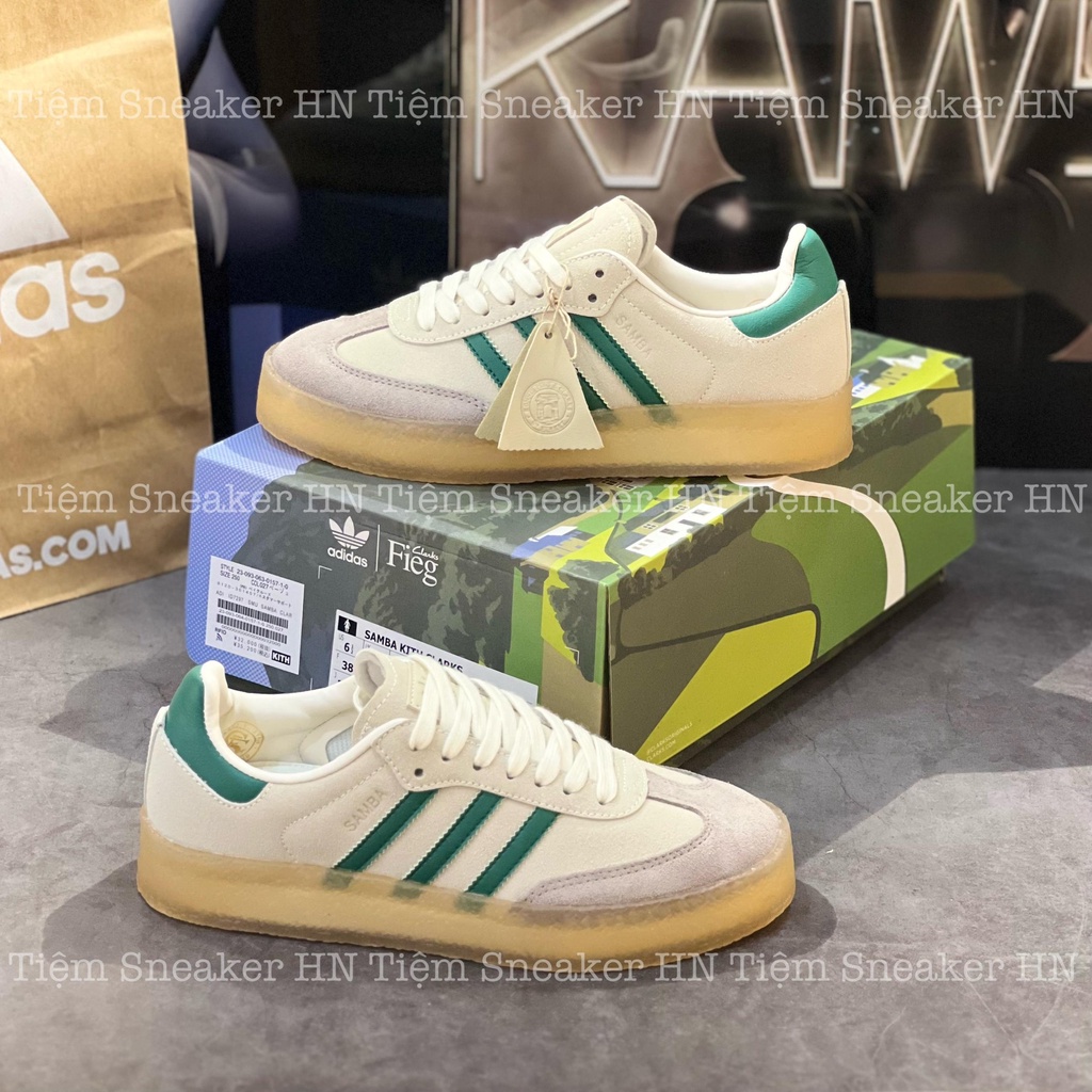 Adidas Clarks 8th Street Samba โดย Ronnie Fieg ผ้าใบ "Chalk White / Green" (ID7297) ผ้าใบหนังนิ่มที