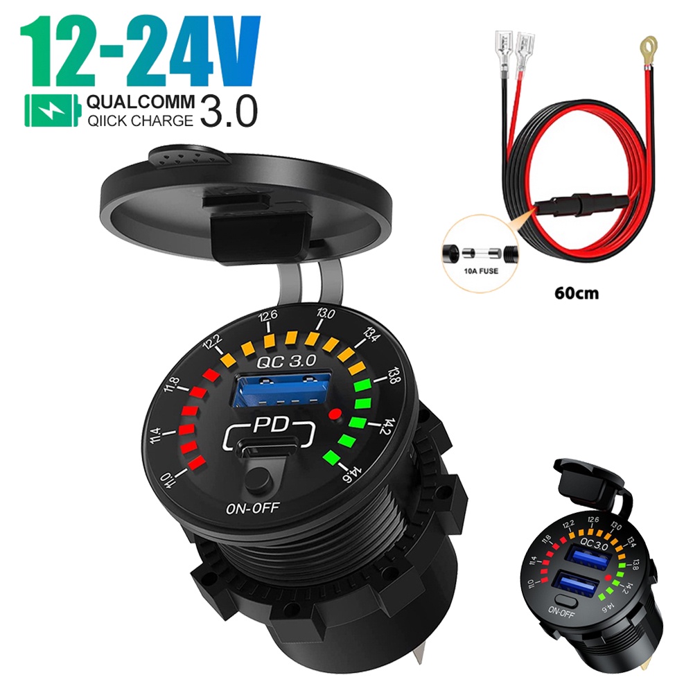 ซ็อกเก็ตโวลต์มิเตอร์ LED 18W QC3.0 Dual USB และพอร์ต PD พร้อมสวิตช์เปิดปิด 12V-24V สําหรับรถยนต์ เรือ รถจักรยานยนต์ SUV