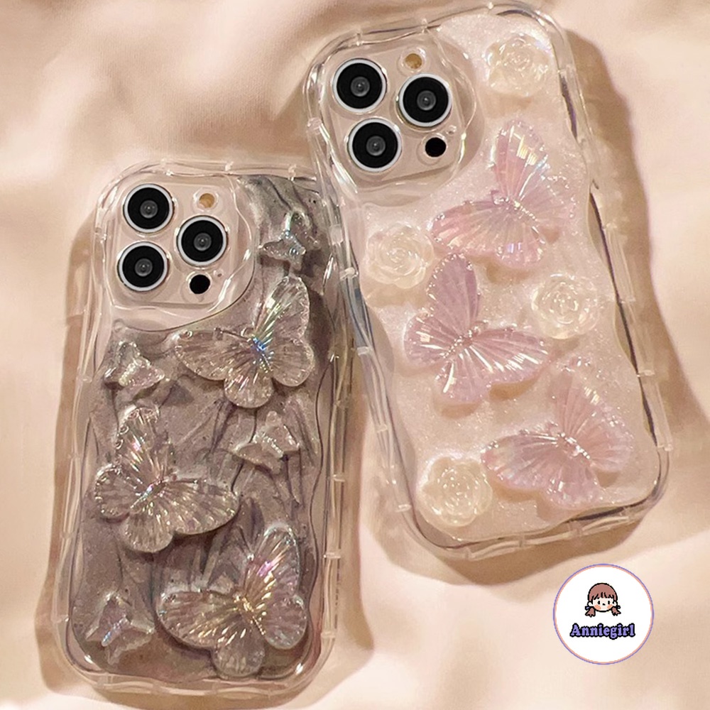 เคสโทรศัพท์มือถือนิ่ม กันกระแทก ปิดด้านหลัง ลายดอกไม้ ผีเสื้อ 3D แต่งกลิตเตอร์ สไตล์เกาหลี สําหรับ Iphone 11 15 14 Pro Max 12 13 Promax XS XR