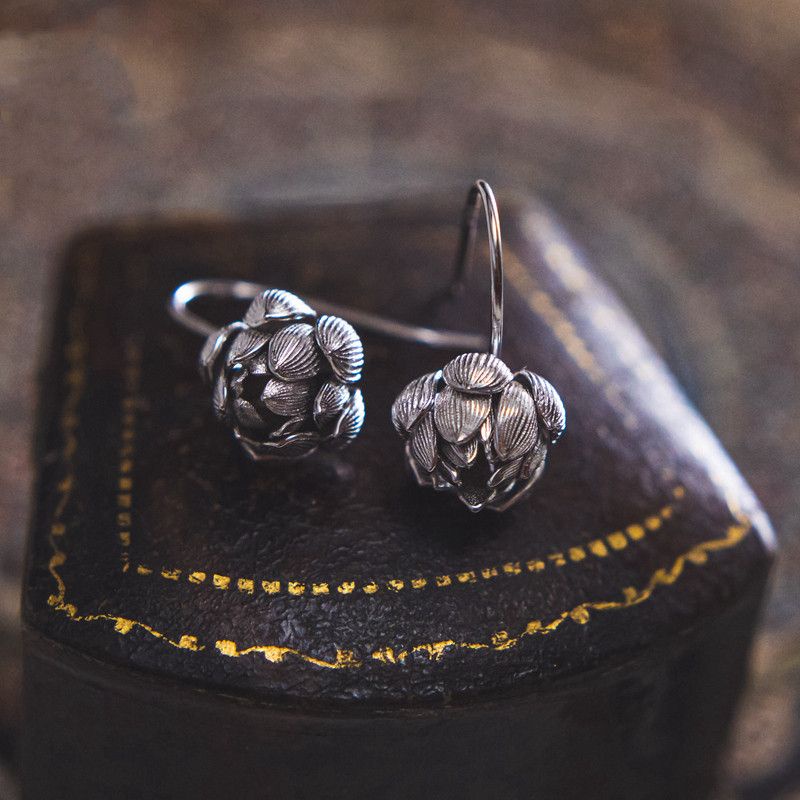 Miyan {Bowl Lotus} S925 ต่างหูเงินสมจริงสามมิติ Lotus สไตล์จีนสมจริงสามมิติ Lotus Ear Hook ต่างหู