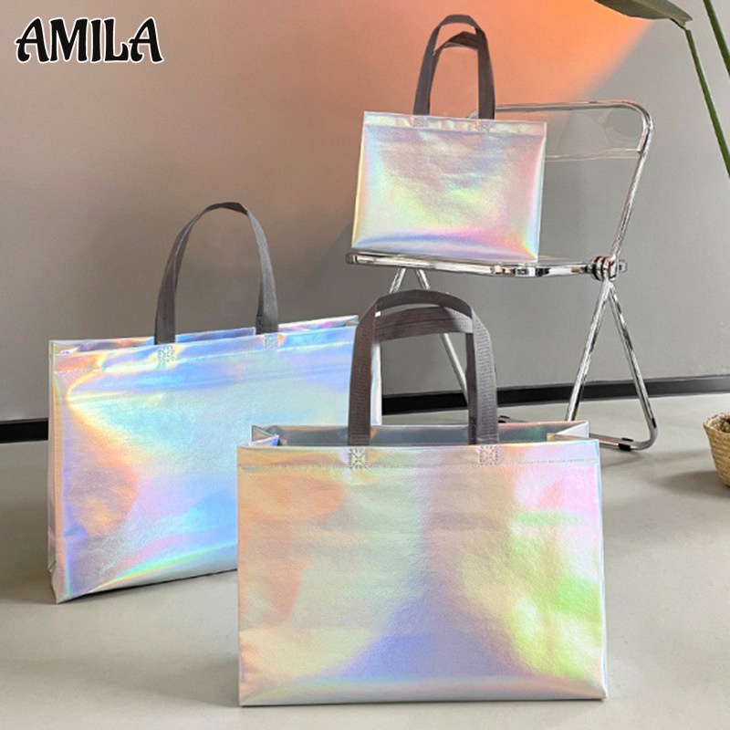 Amila กระเป๋าช็อปปิ้ง เลเซอร์ ด้ามจับยาว ความจุสูง หลากสีสัน