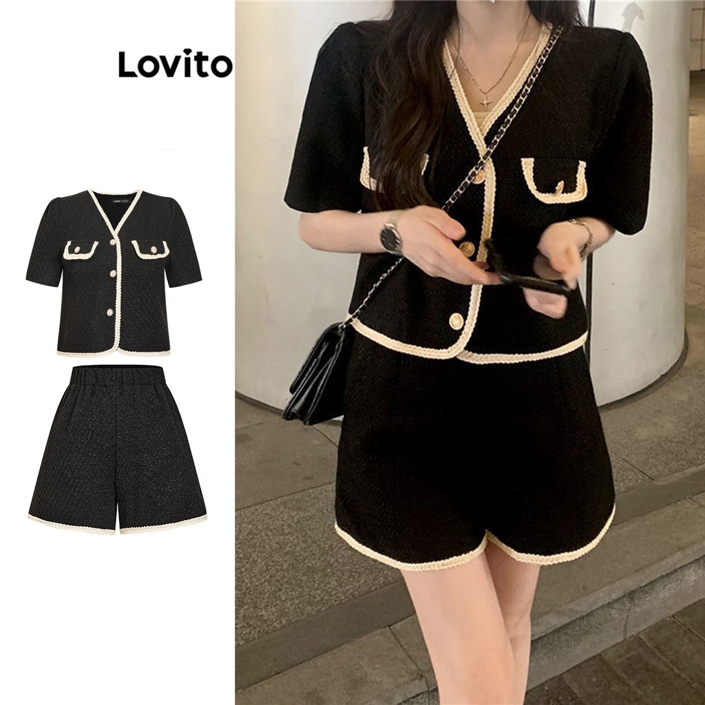Lovito ปุ่มธรรมดาแบบสบาย ๆ ตัดกับการผูกผ้าพื้นผิวด้านบนหรือด้านล่างสำหรับผู้หญิง L73AD054
