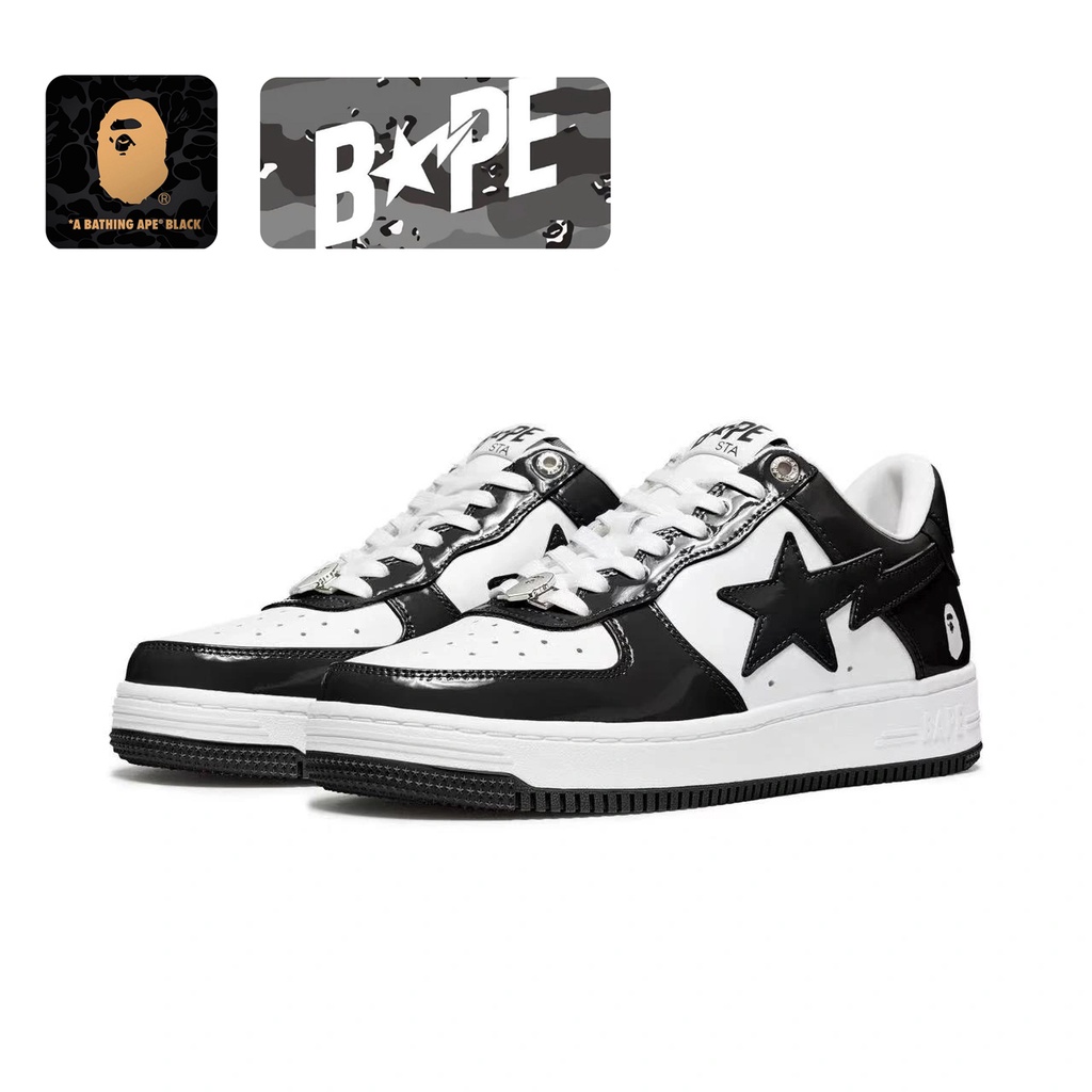 Newest Bape STA รองเท้าผ้าใบลําลอง ข้อสั้น แบบหนัง สีขาว สีดํา Men Low Cut Sneakers for Women Fashio