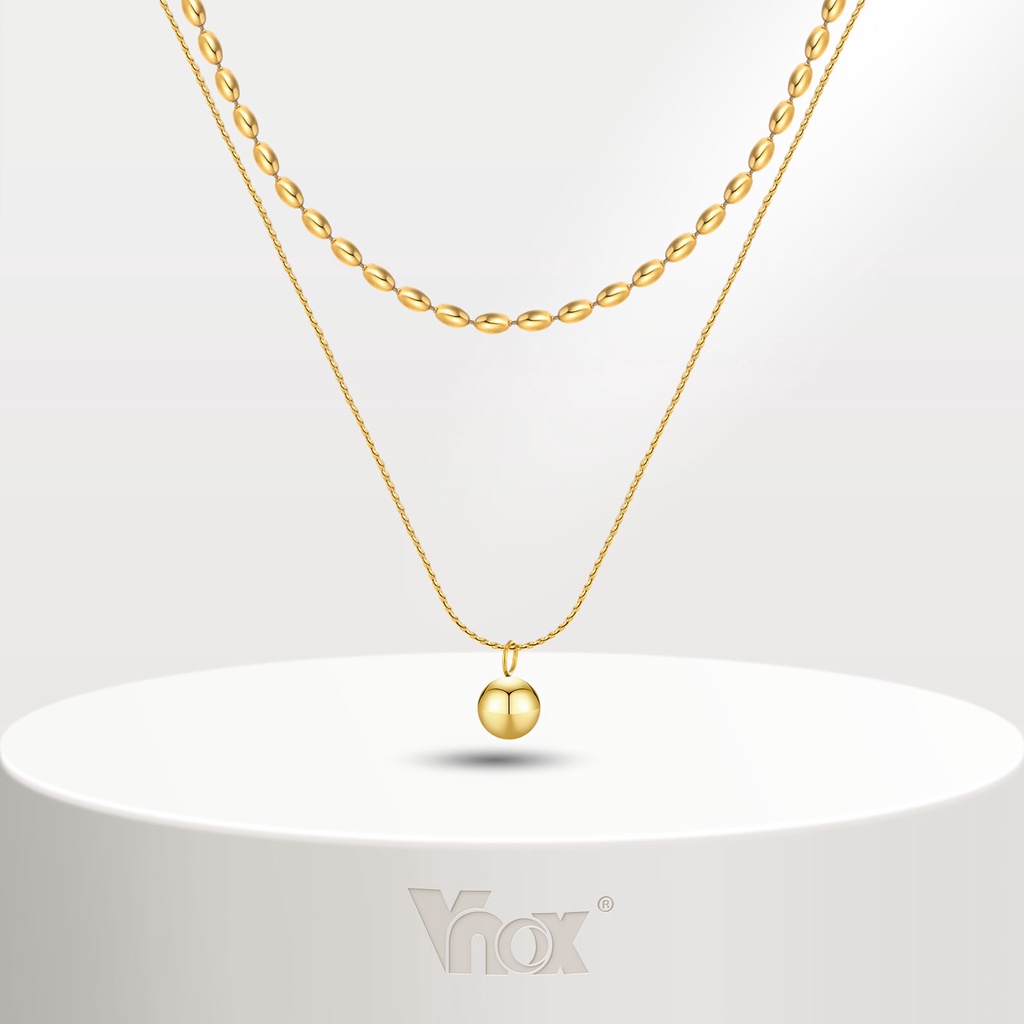 Vnox สร้อยคอสเตนเลส ทอง 18K จี้ลูกปัดมะกอก สองชั้น เครื่องประดับ สําหรับผู้หญิง ราคา ถูกที่สุด ดีลบีเคเค