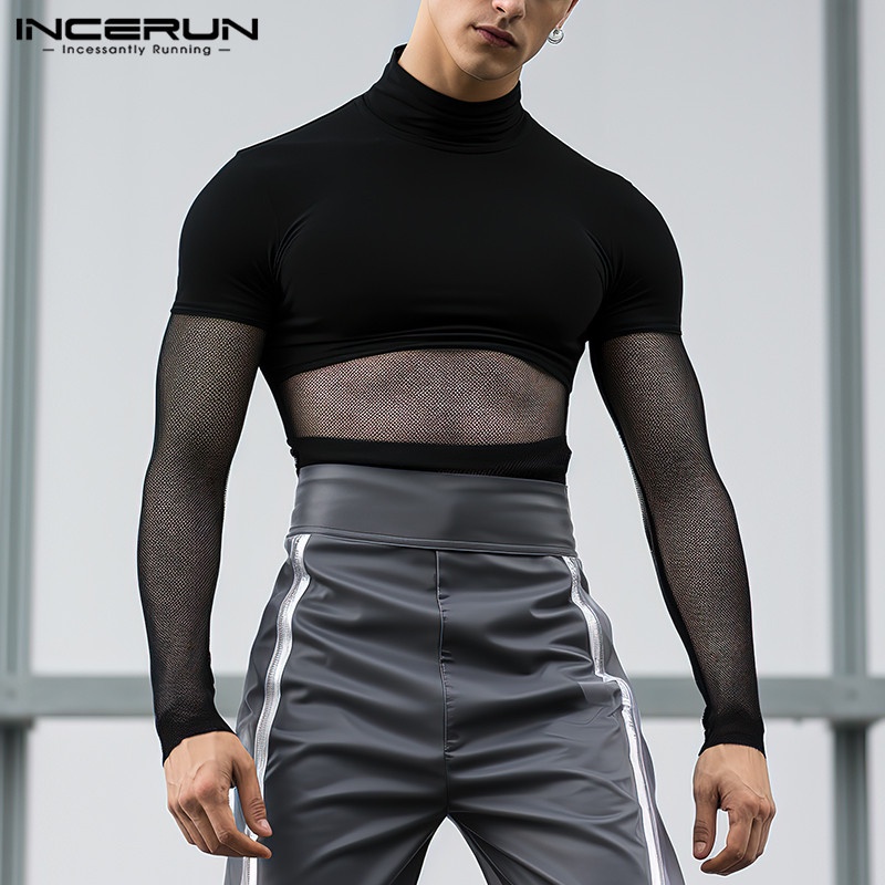 Incerun เสื้อยืด คอเต่า แขนยาว ครึ่งหนึ่ง สไตล์วินเทจ แฟชั่นสําหรับผู้ชาย