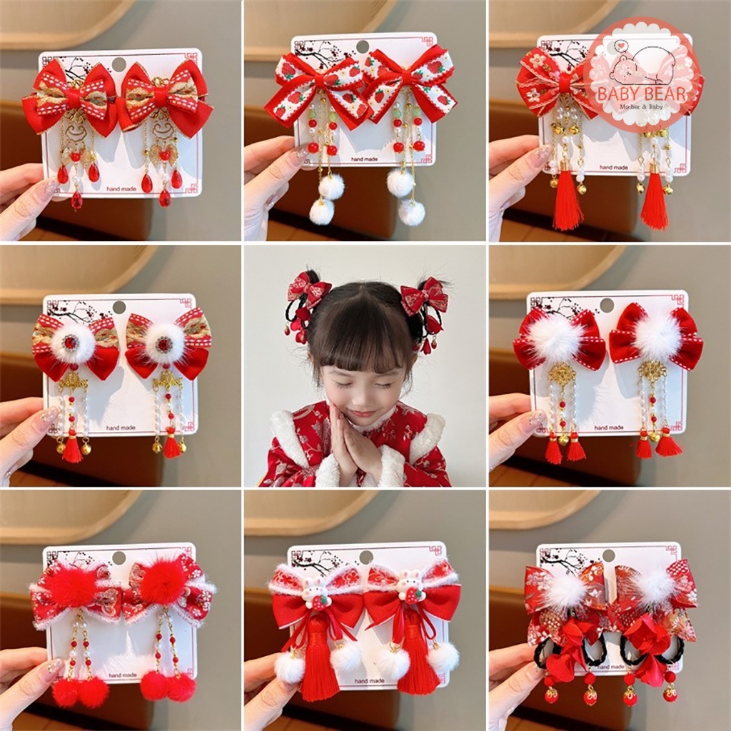 ใหม่ กิ๊บติดผมตรุษจีน โบว์ติดผมสีแดง เครื่องประดับสไตล์จีน สำหรับผู้หญิง