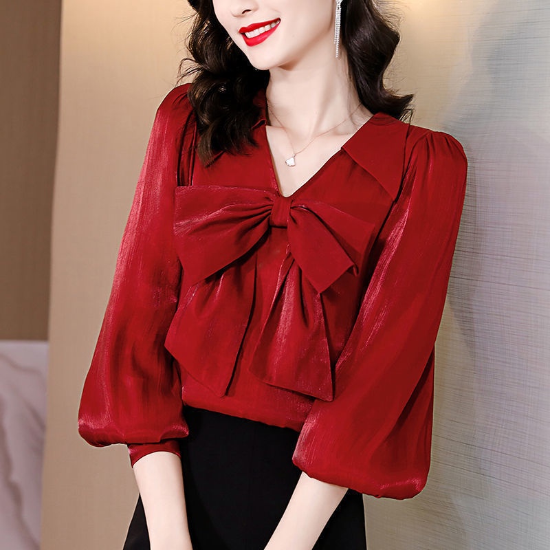 เสื้อเชิ้ตแขนยาว คอวี ประดับโบว์ สีแดง เสื้อชีฟอง แบบบาง แฟชั่นสําหรับผู้หญิง