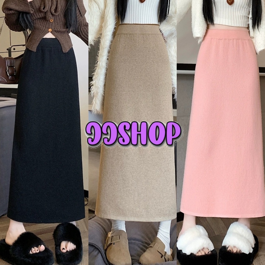 JJ Shop​💜​พร้อมส่ง กระโปรงยาว ไหมพรมผ้าร่อง สีพื้นทรงตรง  "F42"