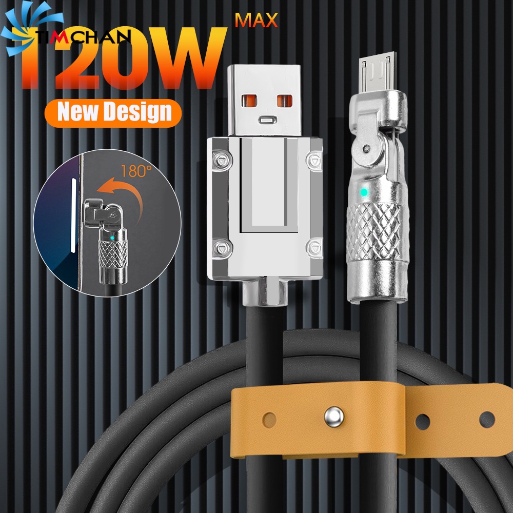 120w 180° สายชาร์จเร็ว พอร์ตหมุนได้ 5A 6A Micro USB Type C สําหรับเล่นเกม Android