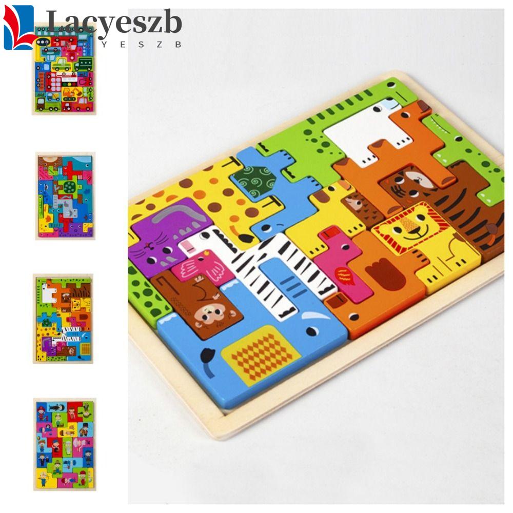 Lacyeszb จิ๊กซอว์ไม้ปริศนา รูปสัตว์ เรขาคณิต สามมิติ หลากสี สร้างสรรค์ สําหรับเด็กวัยหัดเดิน