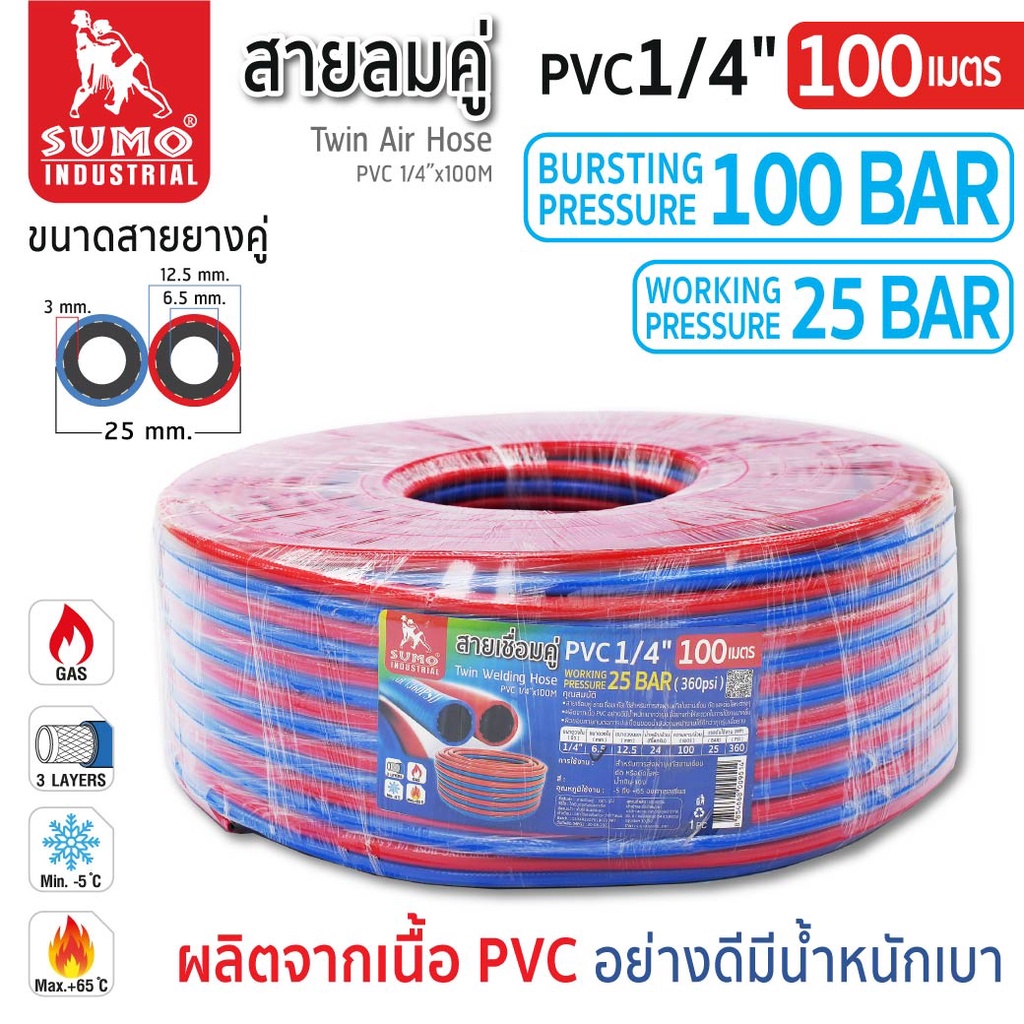 **แบ่งขายเป็นเมตร*** สายลมคู่ PVC 1/4” (น้ำเงิน-แดง) SUMO สามารถรอบรับแรงดันได้ 25bar(360psi)
