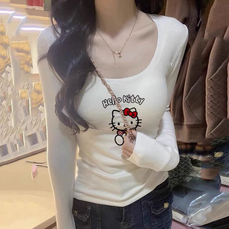 เสื้อยืดแขนยาว คอยู ลาย Hello Kitty สีพื้น ให้ความอบอุ่น เหมาะกับฤดูใบไม้ร่วง และฤดูหนาว สําหรับผู้หญิง