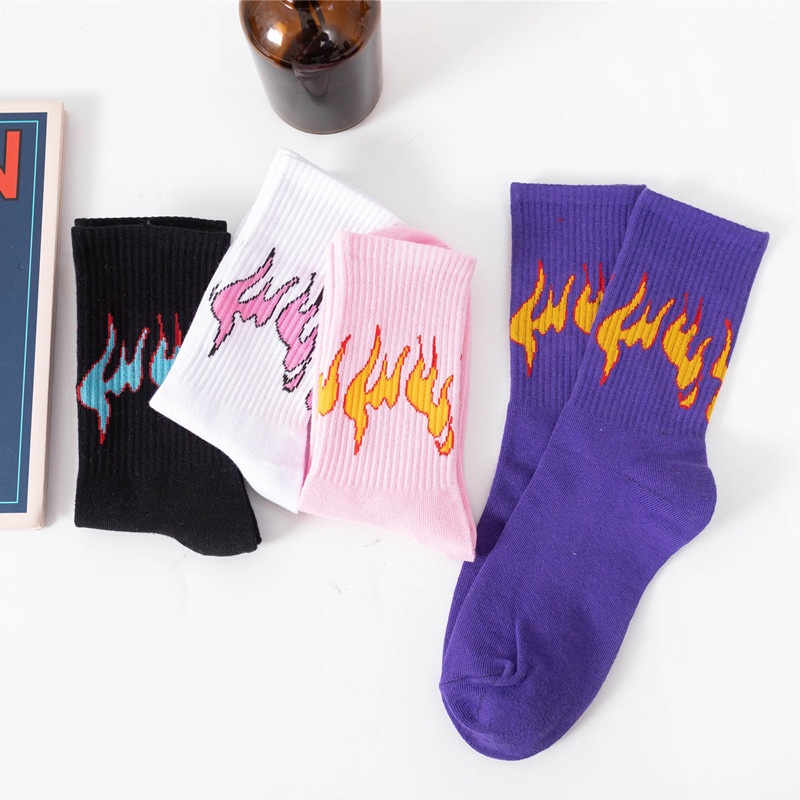 ถุงเท้ากีฬา ผ้าฝ้าย ลายเปลวไฟ สีขาว สไตล์ฮิปฮอป แฟชั่นสําหรับชาย และหญิง - รูปที่ 5